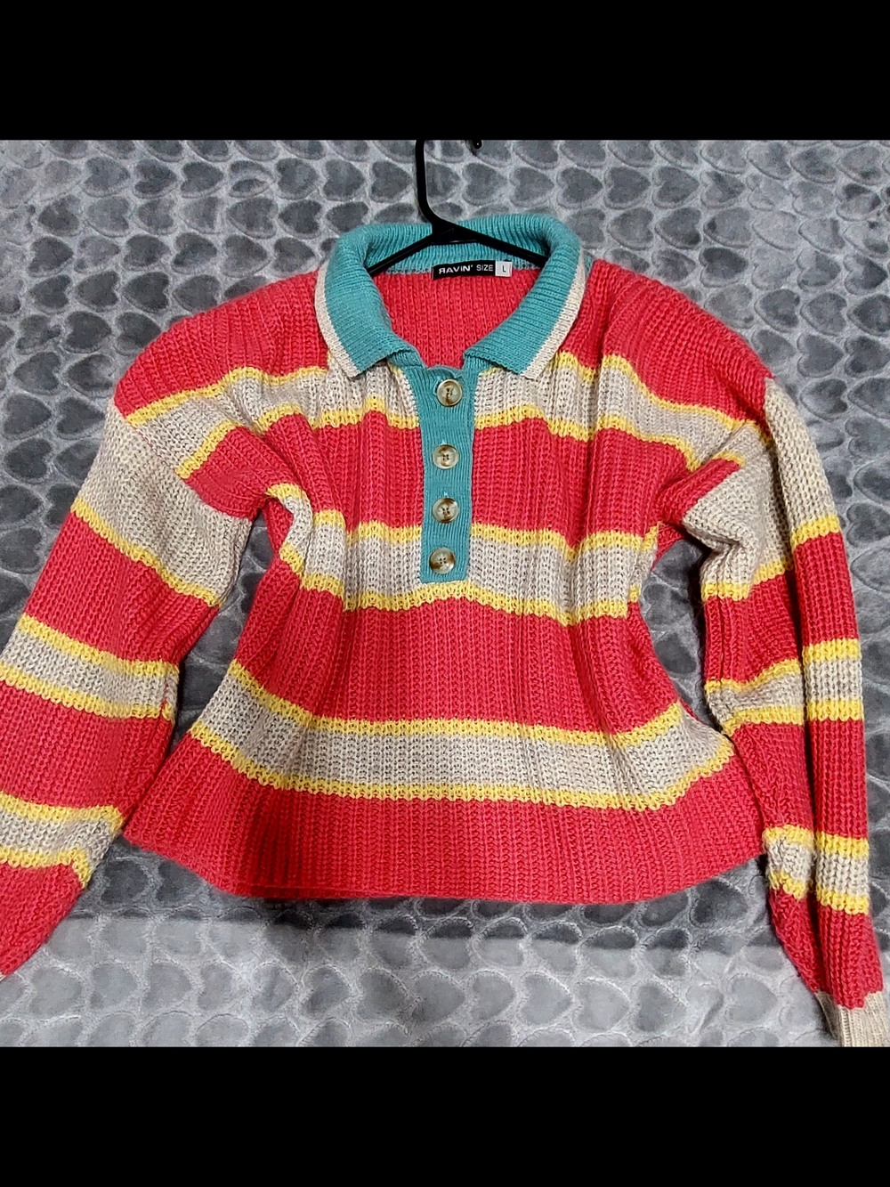 Raven + Lily Striped Knit Polo Sweater in Coral, Teal & Cream